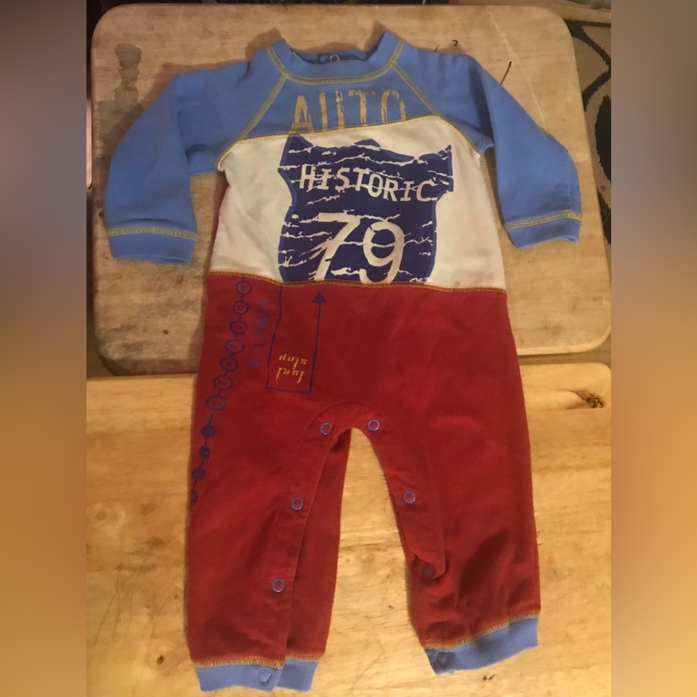 VTG SIMPLY BASIC RED WHITE BLUE YELLOW AUTO THEMED ONE PIECE SZ M 12 MONTHS